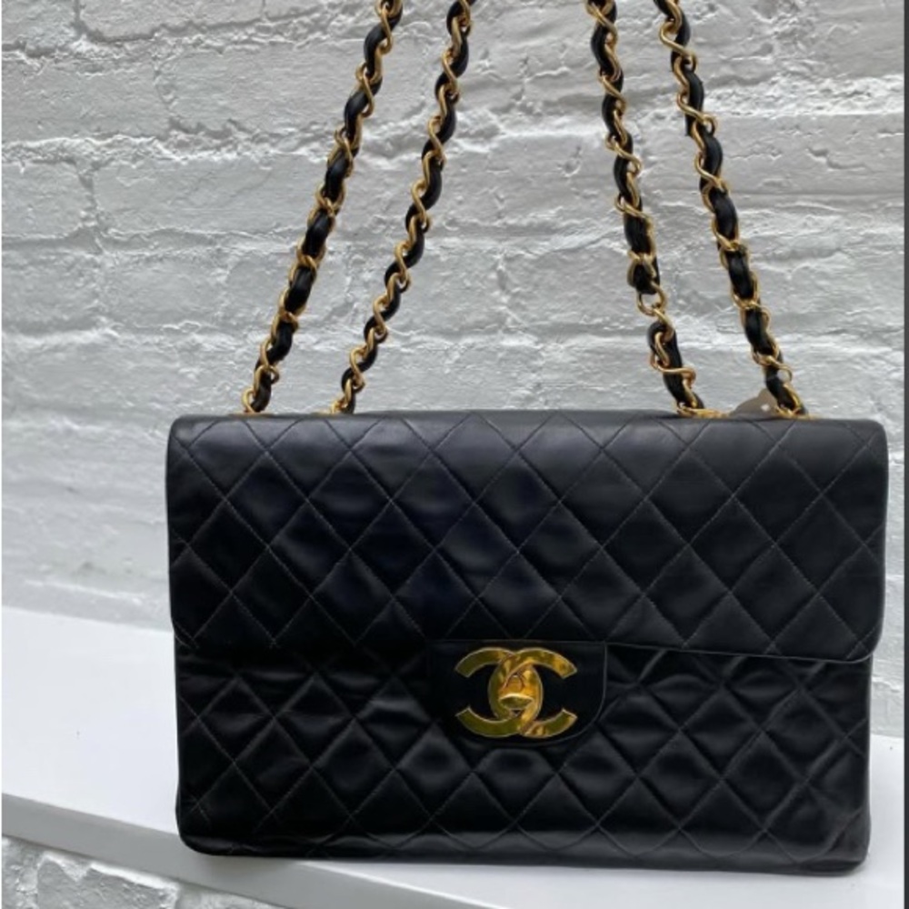 Vintage CHANEL single flap Black and Gold Quilted Shoulder Bag with Chain Straps